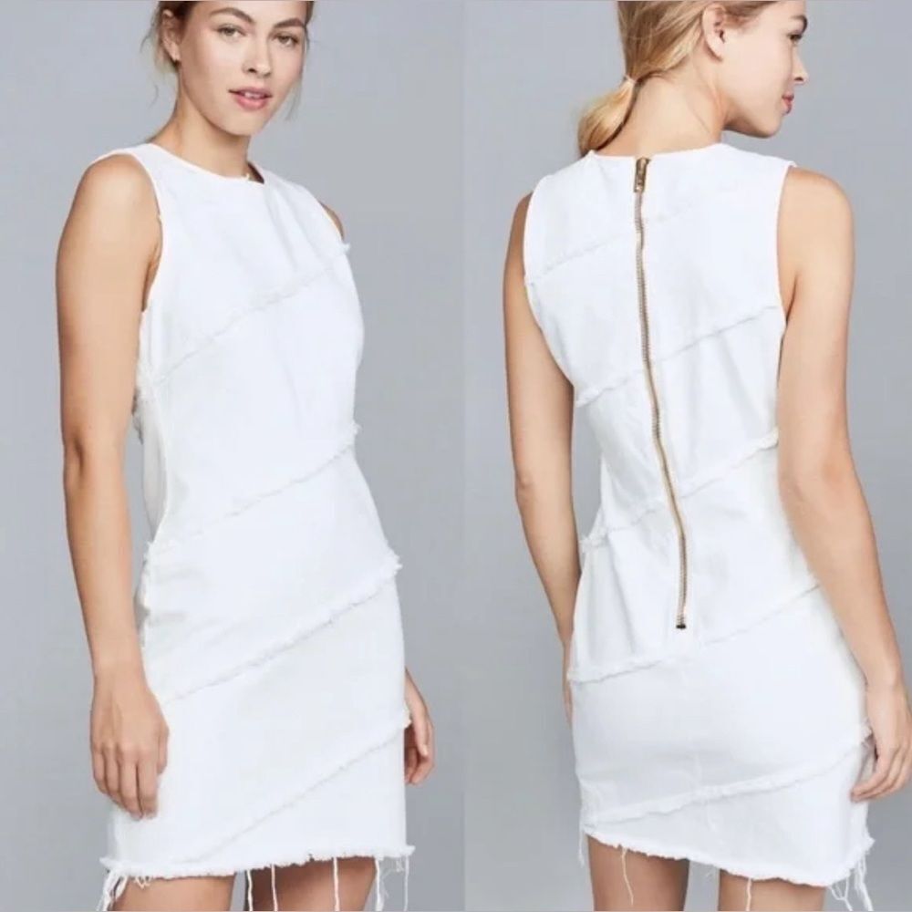 Alexander Wang White Denim Diagonal Seamed Gold Back Zipper Mini Dress